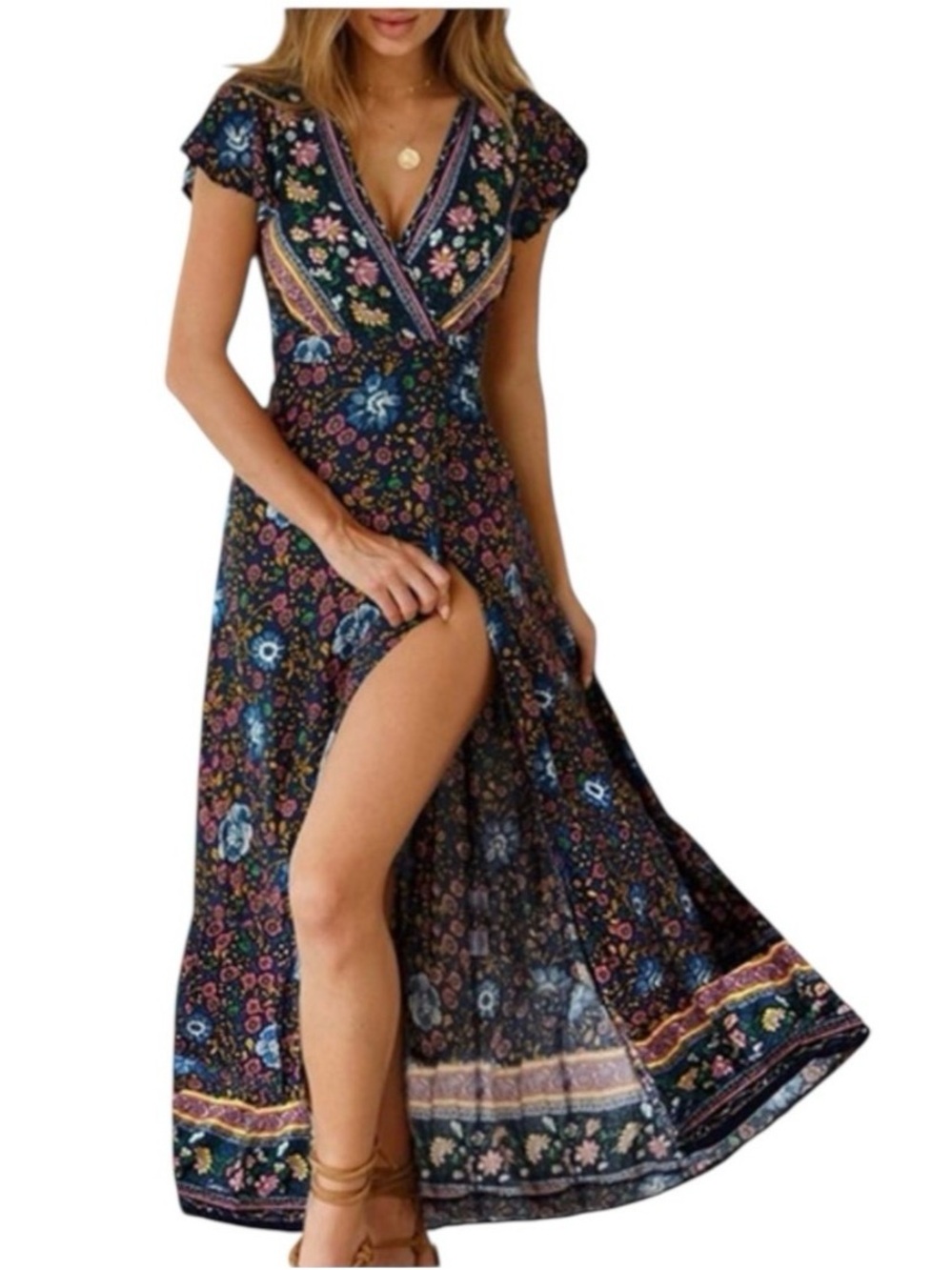 Floral Wrap Maxi Dress in Navy